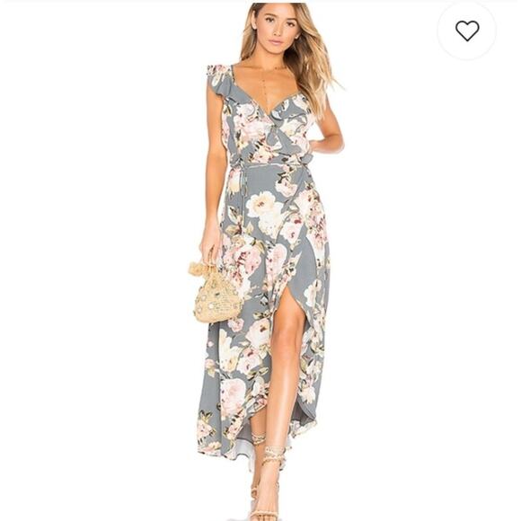 PRIVACY PLEASE Fillmore Gray Floral Wrap High-Low Maxi Dress Asphalt Extra Small - Picture 1 of 6